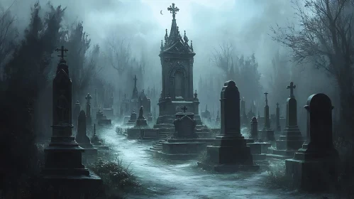 Foggy Graveyard at Night