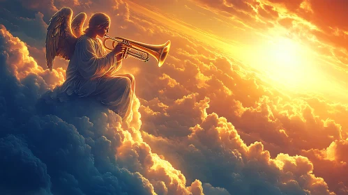 Celestial Angel Playing Trumpet in the Sky
