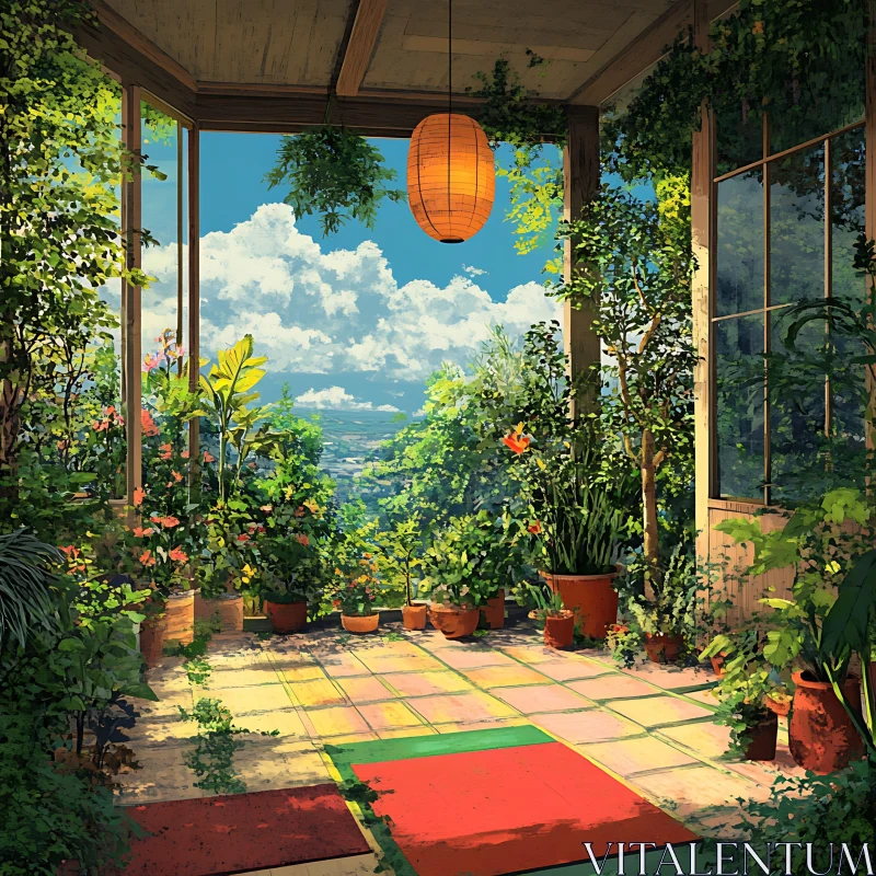 AI ART Indoor Garden with Lantern and Sky