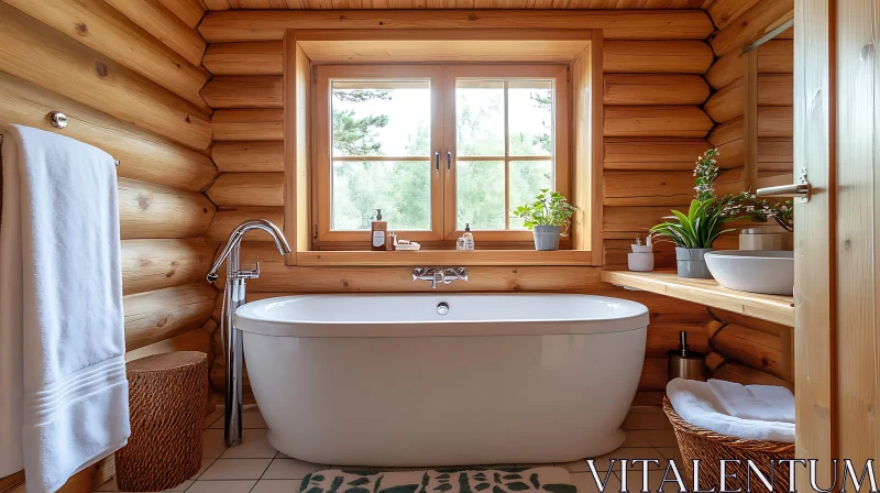 Wooden Bathroom Interior with Bathtub AI Image