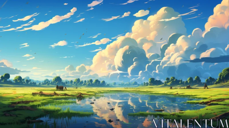 Anime-Style Rural Landscape with Clouds and Reflections AI Image