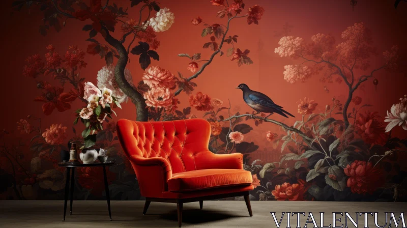 Atmospheric Interior with Orange Chair and Bird Mural AI Image