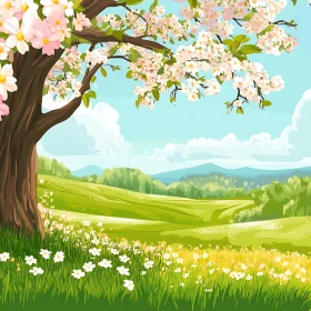 Pastoral Scene with Flowering Tree and Green Hills