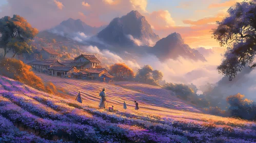 Tranquil Village Scene with Lavender Field