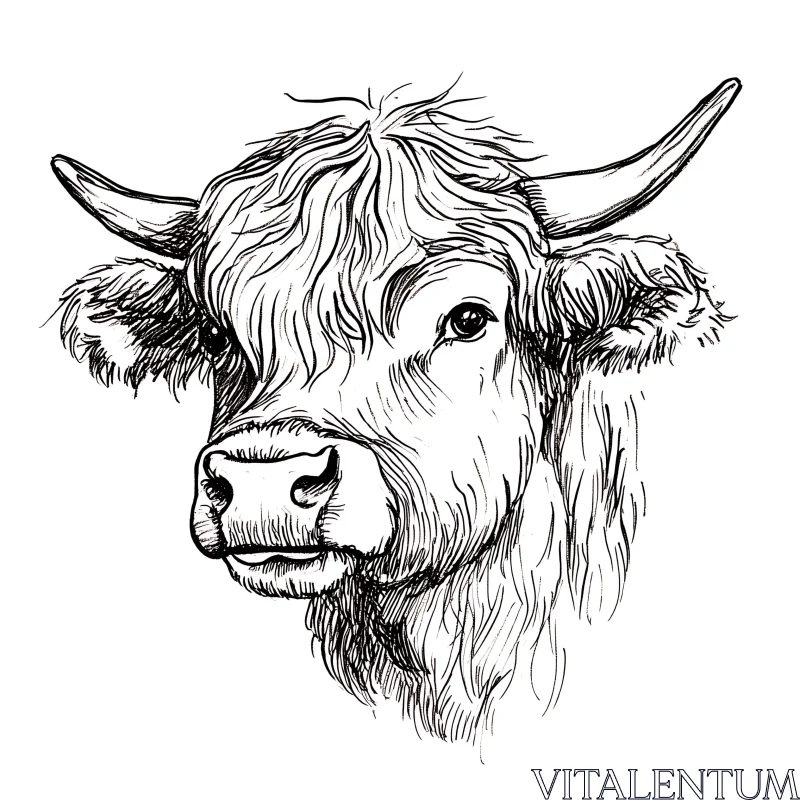 Monochrome Highland Cattle Head Illustration AI Image