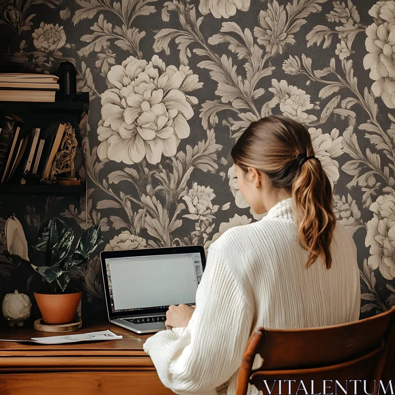 Cozy Workspace with Floral Wallpaper AI Image