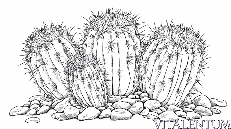 Black and White Cactus with Rocks AI Image