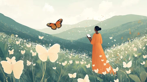 Woman in Orange Dress in Butterfly Meadow