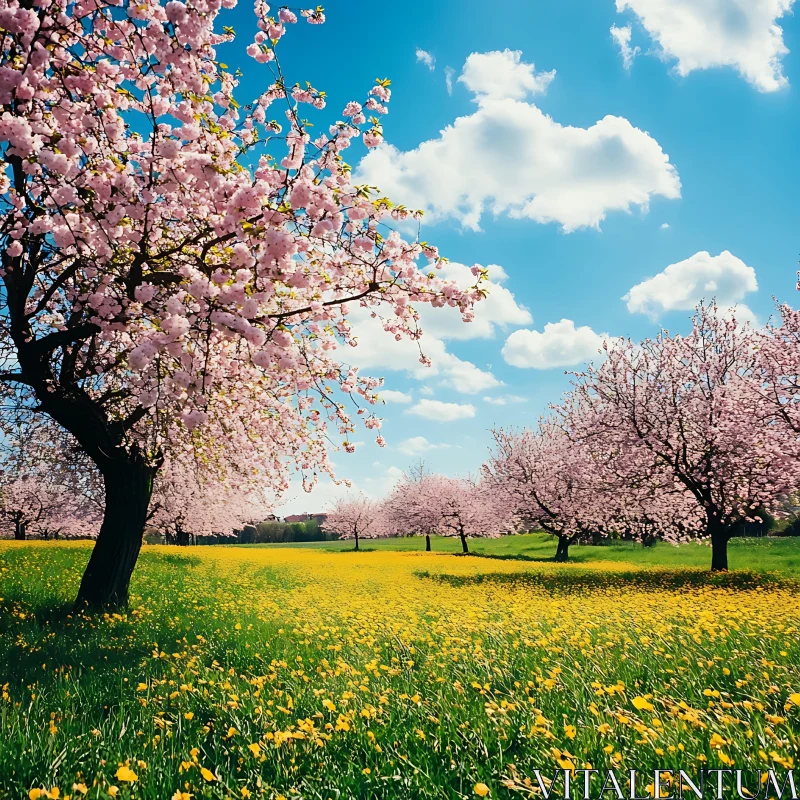 AI ART Pink Blossoms and Yellow Flowers Landscape