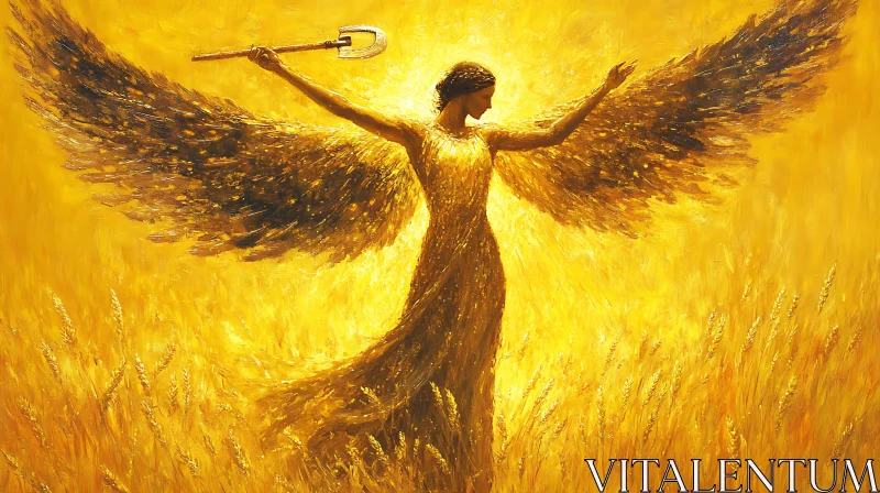 AI ART Winged Figure in Golden Landscape