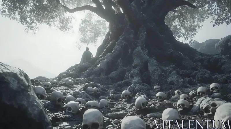 Misty Skull Field Under Ancient Tree AI Image