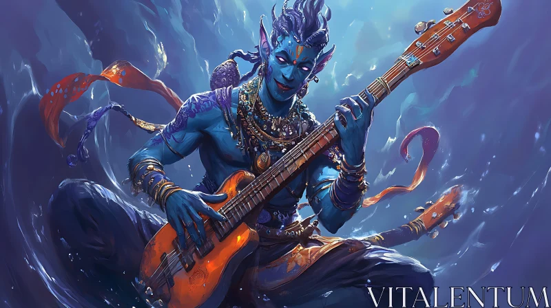 AI ART Blue Alien Guitar Player