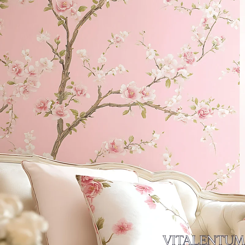 Pink Blossom Pattern Above Sofa AI Image