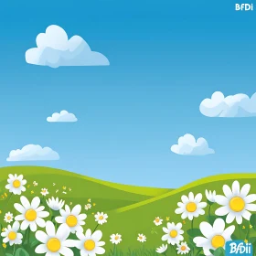 Cartoon Field with Daisies and Clouds