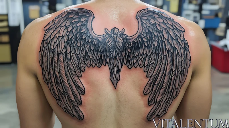 Detailed Black and Grey Angel Wings Tattoo AI Image