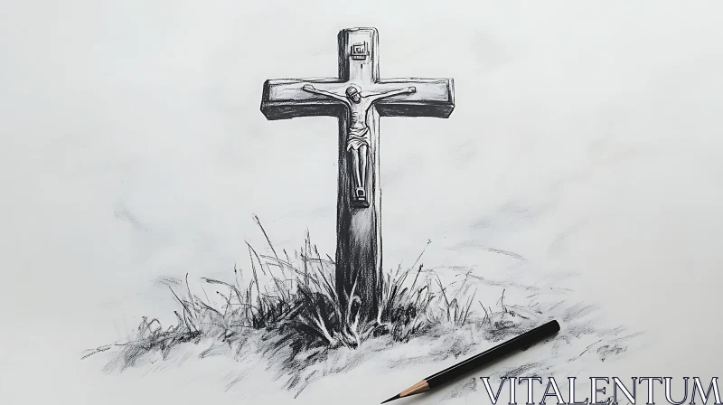 Detailed Crucifix Pencil Sketch on White AI Image