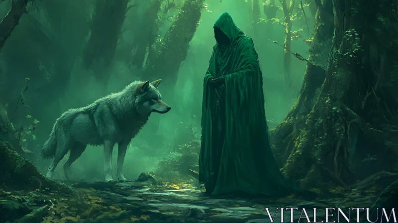 Green Cloak and Wolf in Forest AI Image