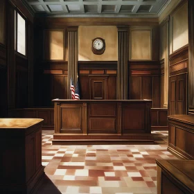 Traditional Courtroom with Wood Paneling and Flag