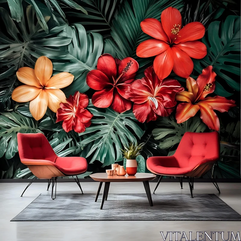 AI ART Hibiscus and Tropical Leaves Interior Design