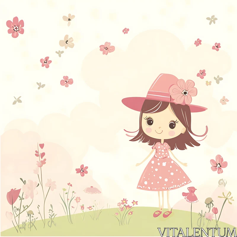 Cute Girl with Pink Flowers Illustration AI Image