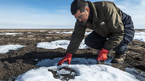 Researcher Inspecting Melting Snow Patches