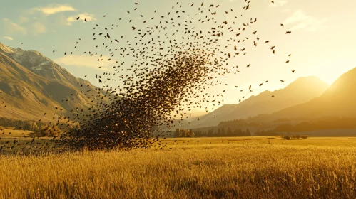 Murmuration Over Field at Sunset