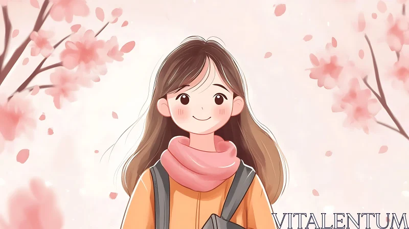 AI ART Girl with Backpack in Cherry Blossom Garden