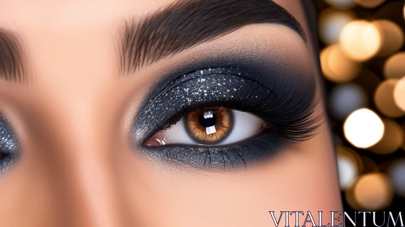 Enchanting Close-up of a Woman's Eye with Dark Eyeshadow and Silver Glitter AI Image