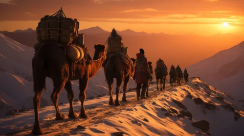 Snowy Mountain Side with People Riding Camels | Historical Perspective