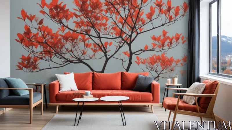 Stunning Red Tree Wall Mural in Vietnamese Style Interior AI Image