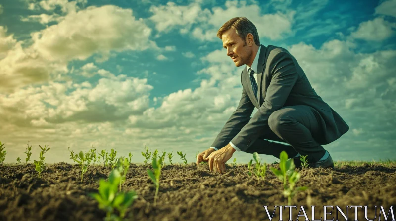 Man in Suit Planting Seedlings AI Image