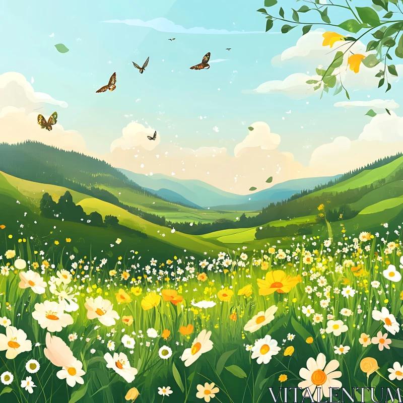 AI ART Floral Meadow with Green Hills