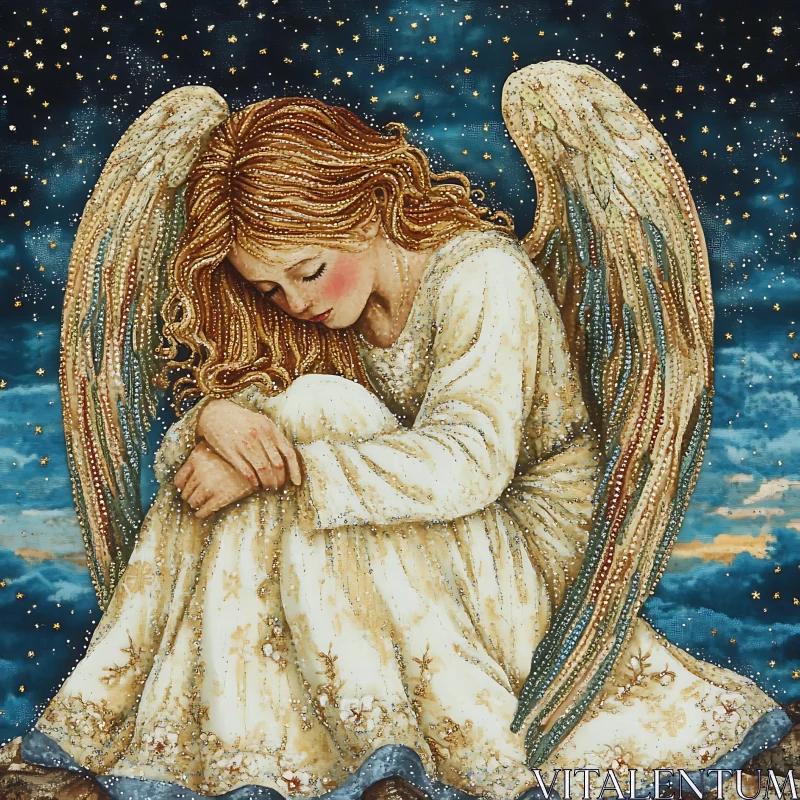 Contemplative Angel with Golden Wings AI Image