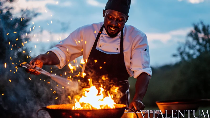 Outdoor Culinary Art: Chef at Work Over Open Fire AI Image