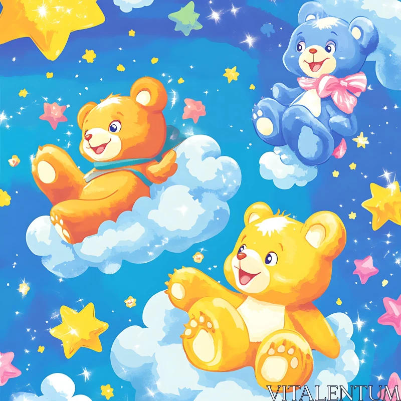 Cartoon Teddy Bears Floating on Clouds AI Image