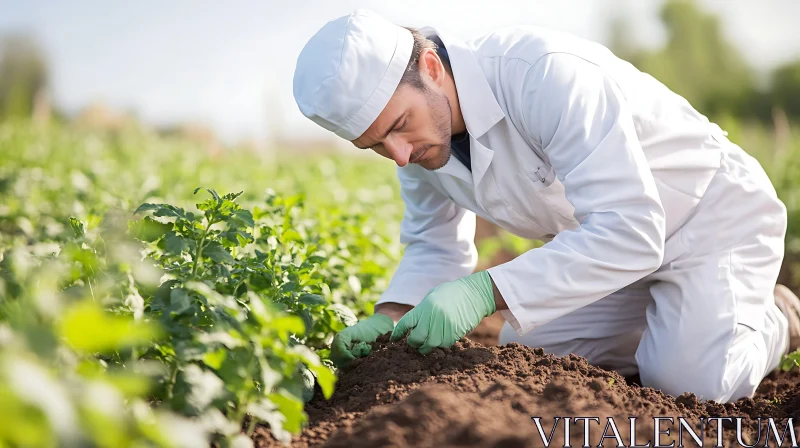 Man Examining Plants in Agriculture Field AI Image