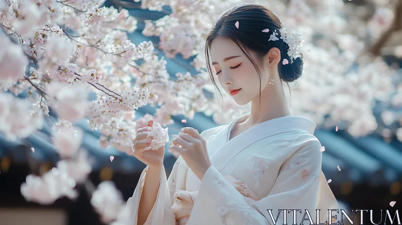 Serene Kimono Portrait with Blossoms AI Image