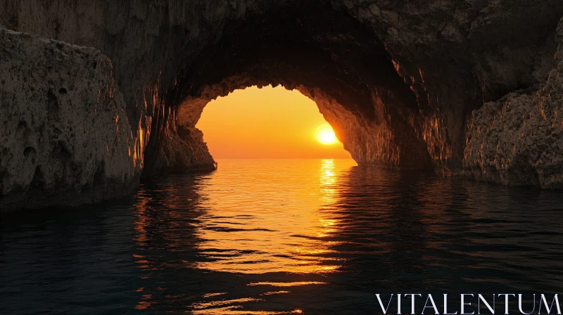 AI ART Sunset View Through Rock Cave Opening to the Sea