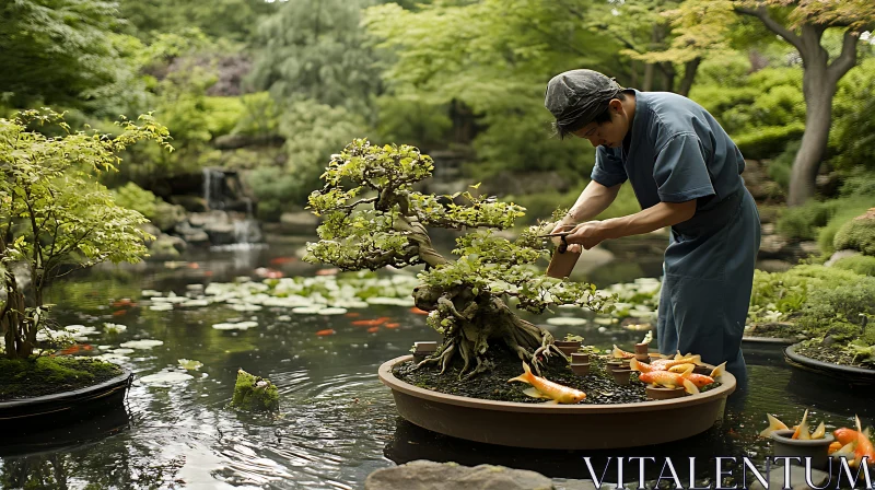 Tranquil Bonsai Garden with Koi Pond AI Image