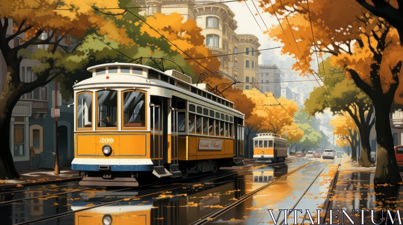 Art Nouveau Cityscape with Yellow Tram and Leafy Trees AI Image