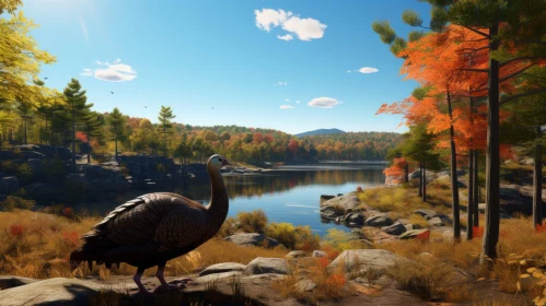 Autumn Scenery with a Turkey near a Lake