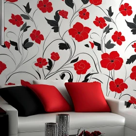 Red Floral Design on White Couch