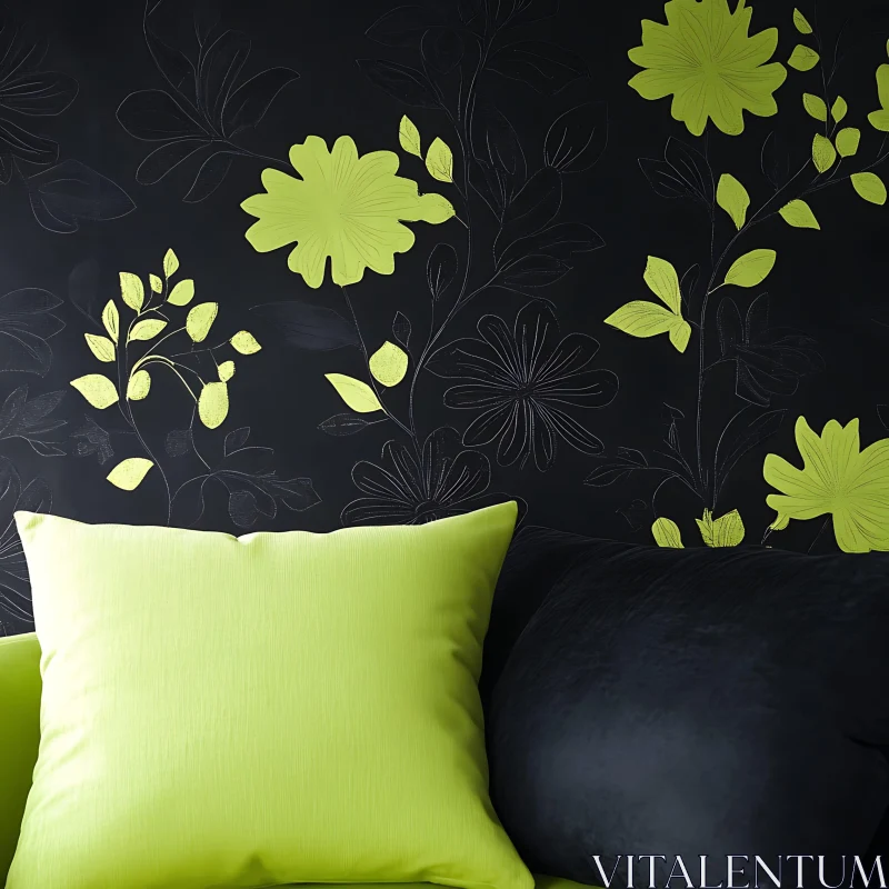 AI ART Floral Wallpaper with Green Accent Pillow