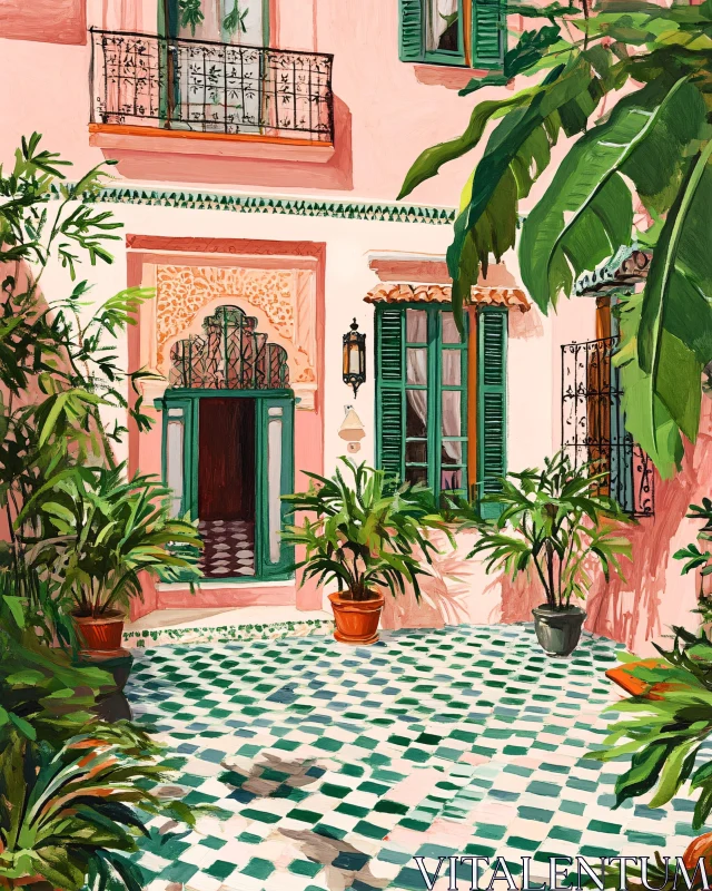 Sunlit Courtyard with Green and Pink Hues AI Image