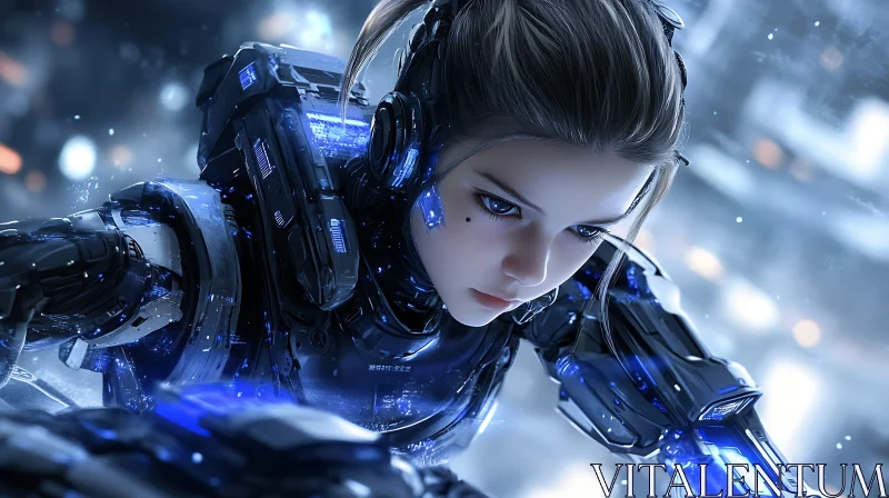 Female Cyborg in a Neon-Lit Futuristic World AI Image