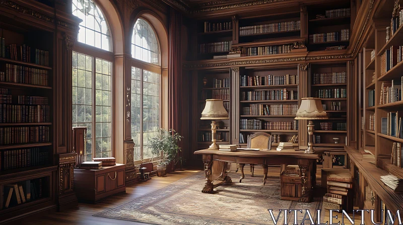 Classic Wooden Library with Desk and Books AI Image