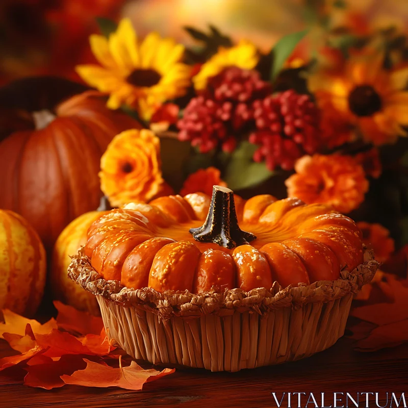 Festive Fall Pumpkin and Floral Arrangement AI Image