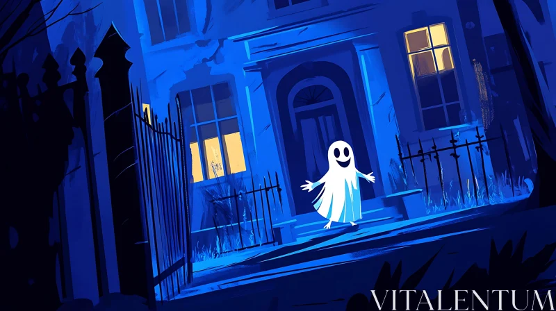 AI ART Cartoon Ghost in Front of Haunted House