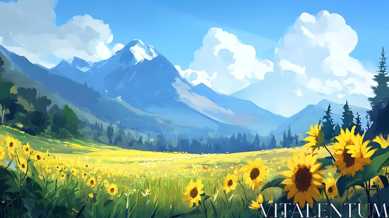 Golden Field with Mountain View AI Image