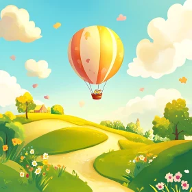 Cartoon Landscape with Hot Air Balloon